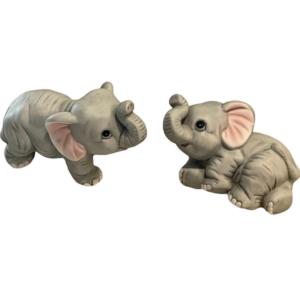 Homco Elephant Figurine Set 2 Porcelain Number 1400 Pair Baby Wild Zoo Animals